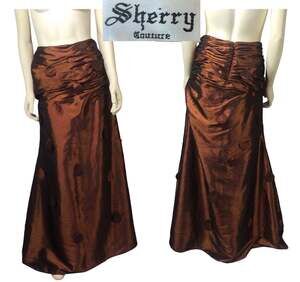 Y2K Sherry Couture Copper Taffeta Maxi Skirt Beaded Petal Appliqué Formal Sz 10